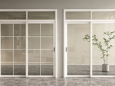 Modern White Framed Glass Sliding Doors In Interior With Potted Plant 3d model