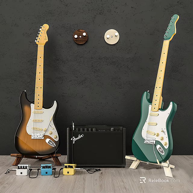 Musical Instruments Display with Two Electric Guitars Amplifier and Circular Wall Decor Stands 3d model 