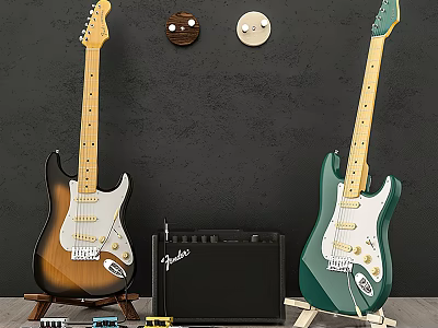 Musical Instruments Display with Two Electric Guitars Amplifier and Circular Wall Decor Stands 3d model
