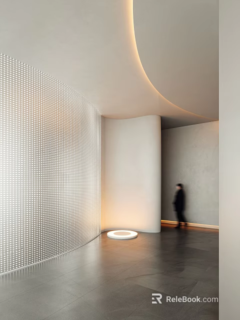 Modern Elevator Hall Interior Featuring Perforated Panel Walls Gray Surfaces And Round Floor Lamp 3d model