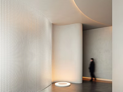 Modern Elevator Hall Interior Featuring Perforated Panel Walls Gray Surfaces And Round Floor Lamp 3d model