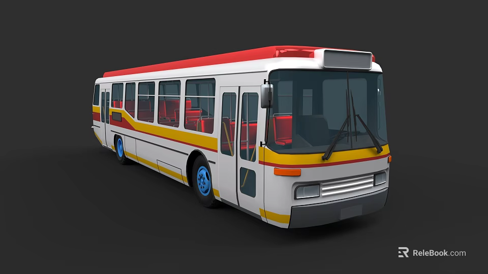 White City Bus With Red Roof Yellow Stripes Blue Wheels And Red Seats 3d model 