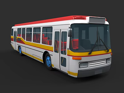 White City Bus With Red Roof Yellow Stripes Blue Wheels And Red Seats 3d model