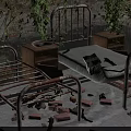 Abandoned Hospital Ward With Dilapidated Benches Bricks Debris On Floor And Vines Covering Walls