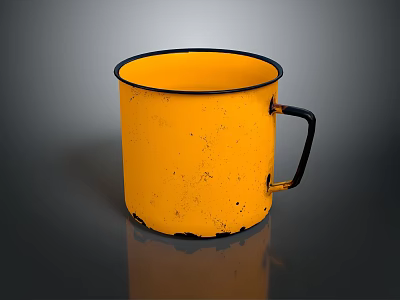 Yellow Enamel Cup With Black Rim And Handle Vintage Distressed Design 3d model