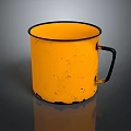 Yellow Enamel Cup With Black Rim And Handle Vintage Distressed Design