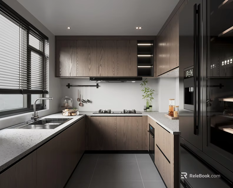 Modern Kitchen Interior Design With Wooden Cabinets Quartz Countertop Window Blinds And Plant 3d model 
