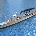 Warship Sailing on Blue Water with Smoke Emitting from Chimneys and Wooden Deck