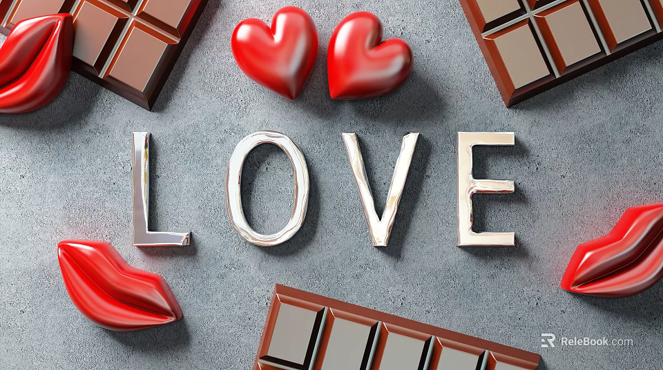 Romantic Valentine Decor With Chocolate Squares Hearts LOVE Letters And Red Lips 3d model 