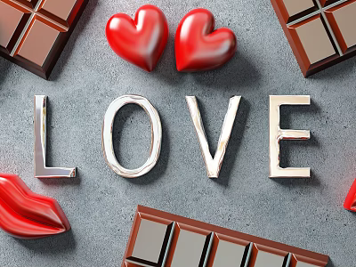 Romantic Valentine Decor With Chocolate Squares Hearts LOVE Letters And Red Lips 3d model