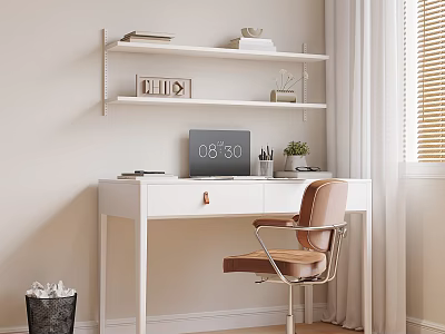 Minimalist White Desk With Laptop Books Potted Plant Above Shelf And Brown Chair By Window 3d model