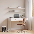 Minimalist White Desk With Laptop Books Potted Plant Above Shelf And Brown Chair By Window