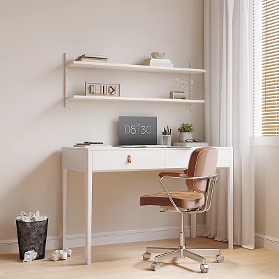 Minimalist White Desk With Laptop Books Potted Plant Above Shelf And Brown Chair By Window 3d model