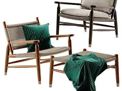 Modern Leisure Chairs with Wooden Frame Armrests Green Cushion Ottoman and Green Blanket 3d model