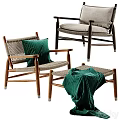 Modern Leisure Chairs with Wooden Frame Armrests Green Cushion Ottoman and Green Blanket