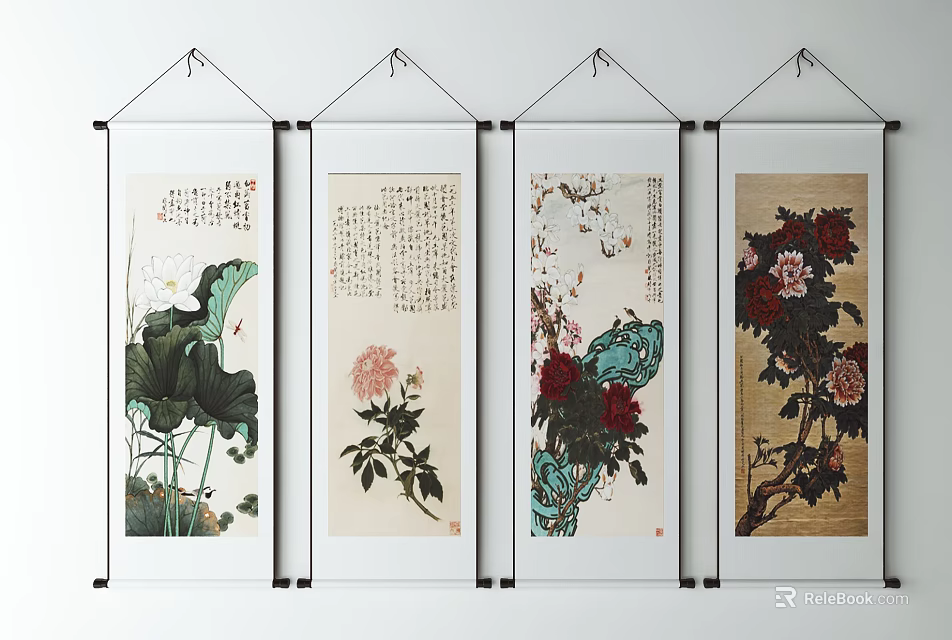 Four Traditional Chinese Flower Scroll Paintings With Lotus Peony And Floral Art 3d model 