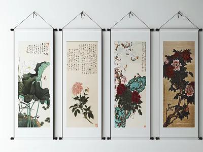 Four Traditional Chinese Flower Scroll Paintings With Lotus Peony And Floral Art 3d model