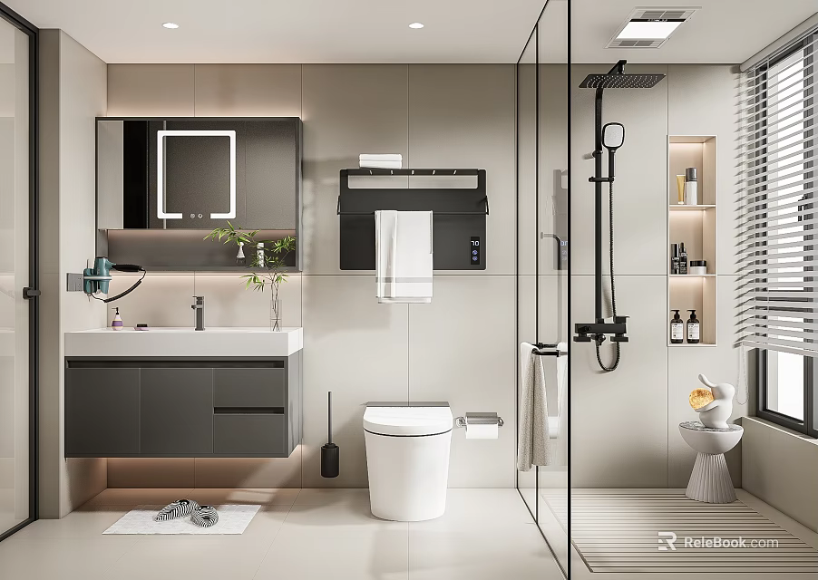Modern Bathroom Interior Design With Glass Shower Vanity Toilet And Mirror 3d model 