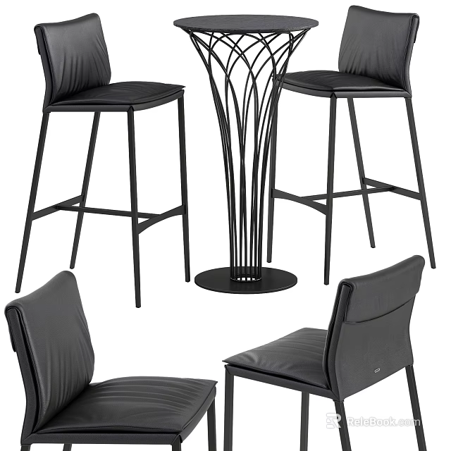 Modern Bar Setup With Black Leather Stools And Metal Frame Design 3d model