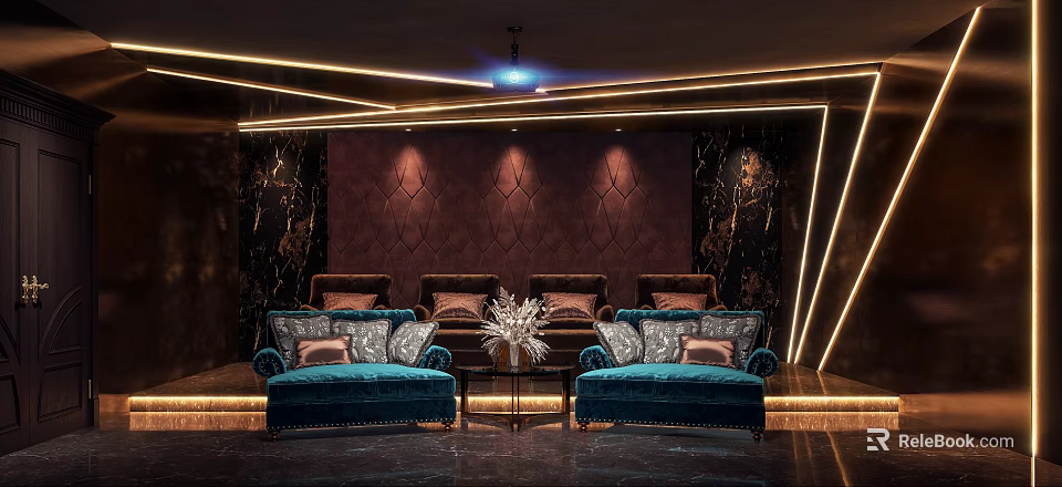 Luxury Home Theater Interior Design With Blue Velvet Sofas Decorative Wall And Ambient Lighting 3d model 