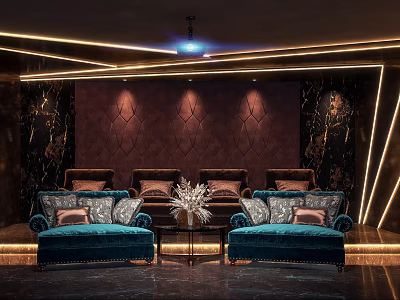 Luxury Home Theater Interior Design With Blue Velvet Sofas Decorative Wall And Ambient Lighting 3d model
