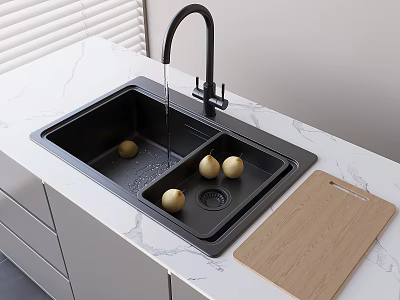 Black Kitchen Sink With Faucet Running Water Pears And Wooden Cutting Board On White Marble 3d model