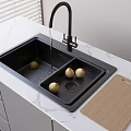 Black Kitchen Sink With Faucet Running Water Pears And Wooden Cutting Board On White Marble