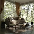 Sunny Living Room With Beige Sofa Decorative Pillows Yellow Curtains Large Windows And Forest View