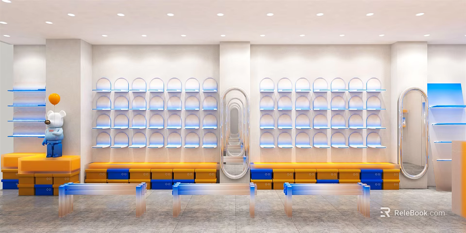 Modern Retail Store Interior Design With White Shelves Blue Lighting And Yellow Benches 3d model 