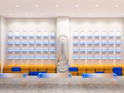 Modern Retail Store Interior Design With White Shelves Blue Lighting And Yellow Benches 3d model