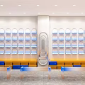 Modern Retail Store Interior Design With White Shelves Blue Lighting And Yellow Benches