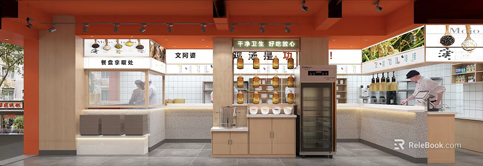 Wen Apo Restaurant Clean Hygienic Space With Delicious Food Display Shelves And Refrigerator 3d model 