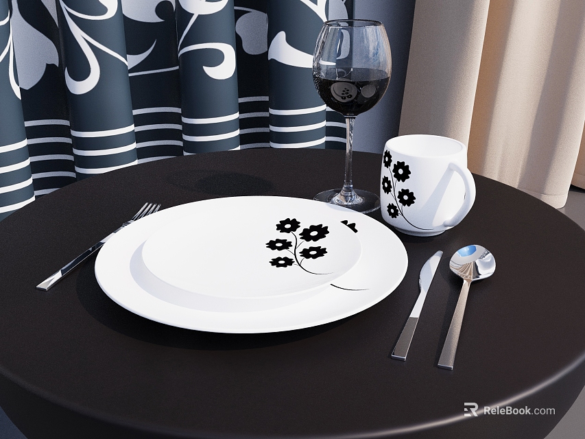 Elegant White Tableware Set With Black Flower Pattern Mug Plate Cutlery And Wine Glass 3d model 