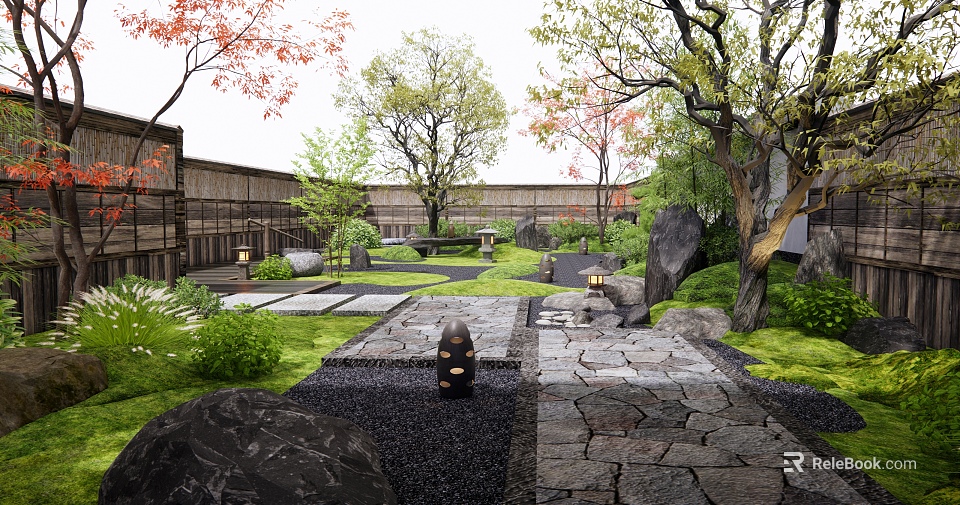 Tranquil Courtyard Garden With Stone Path Natural Rocks Trees And Lush Greenery 3d model 