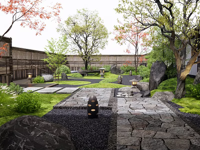 Tranquil Courtyard Garden With Stone Path Natural Rocks Trees And Lush Greenery 3d model
