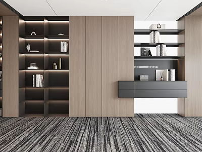 Modern Wooden Bookcase With Open Shelves Dark Gray Drawers And Decorative Books 3d model