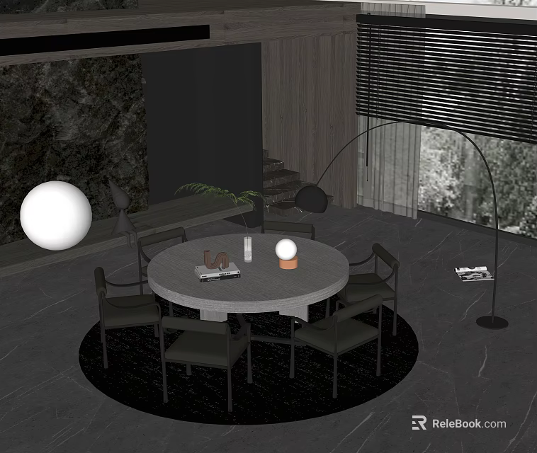 Modern Restaurant Interior With Round Dining Table Gray Countertop And Black Chairs 3d model 