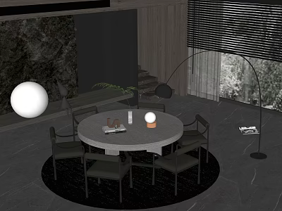 Modern Restaurant Interior With Round Dining Table Gray Countertop And Black Chairs 3d model