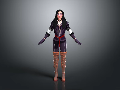 3D Rendered Child Character In Dark Outfit With Red Belt Long Boots And Black Hair 3d model
