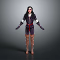 3D Rendered Child Character In Dark Outfit With Red Belt Long Boots And Black Hair