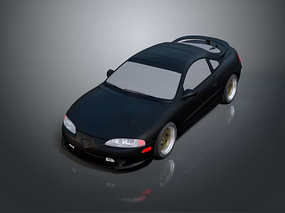 Black Two Door Sports Car With Rear Spoiler Silver Wheels Sleek Body Grey Background Reflection 3d model