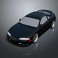 Black Two Door Sports Car With Rear Spoiler Silver Wheels Sleek Body Grey Background Reflection