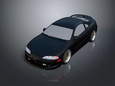 Black Two Door Sports Car With Rear Spoiler Silver Wheels Sleek Body Grey Background Reflection 3d model