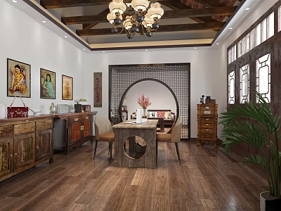 Chinese Style Dining Room Interior Design With Circular Archway Wooden Furniture And Chandelier 3d model