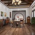 Chinese Style Dining Room Interior Design With Circular Archway Wooden Furniture And Chandelier