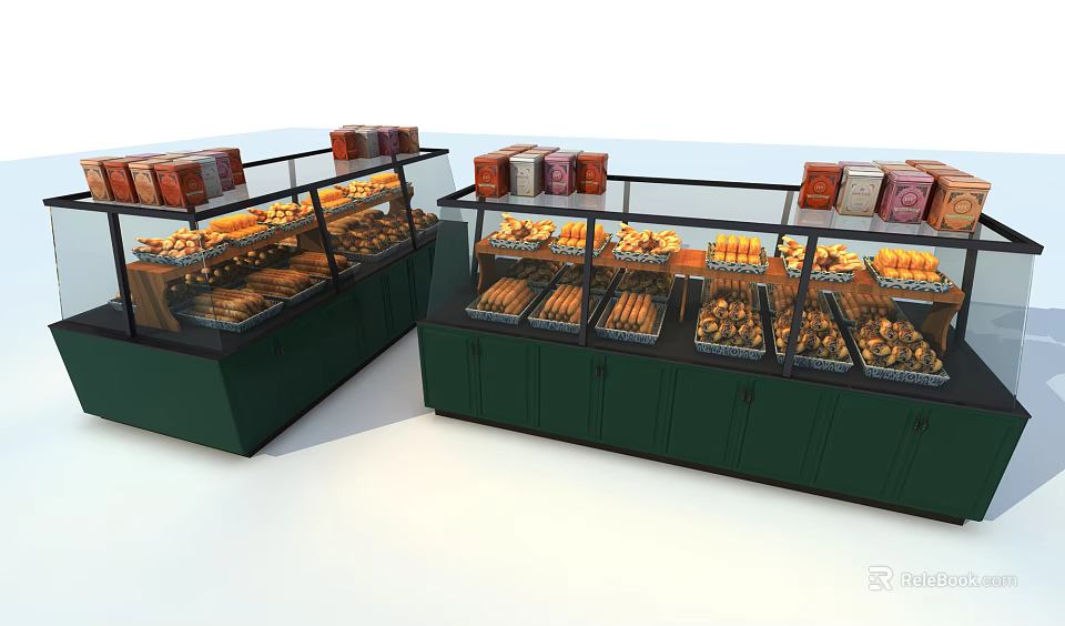 Display Shelves with Green Cabinets Glass Doors for Bread and Packaged Goods 3d model 