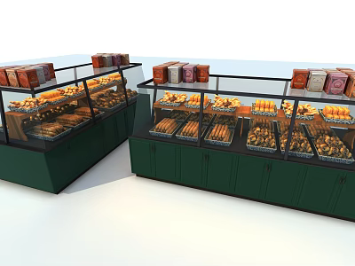 Display Shelves with Green Cabinets Glass Doors for Bread and Packaged Goods 3d model