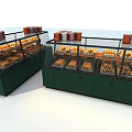 Display Shelves with Green Cabinets Glass Doors for Bread and Packaged Goods