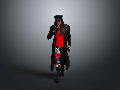 Man in Black Long Coat Red Top Colorful Pants and Black Cap 3d model