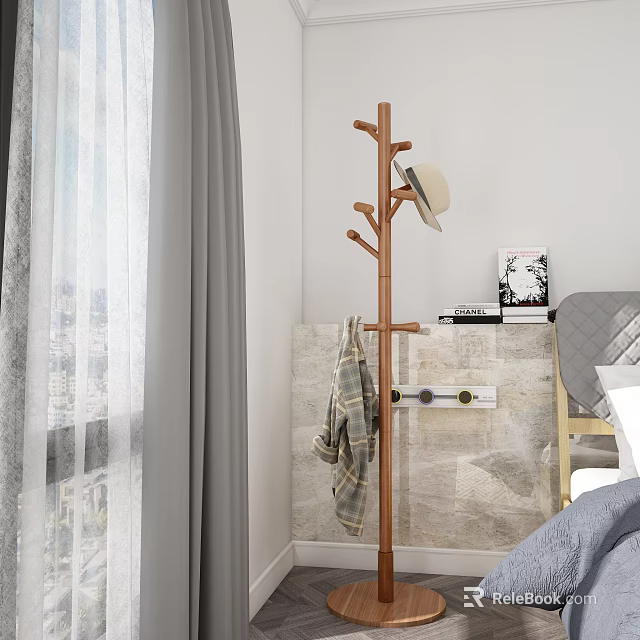Wooden Tree Shaped Coat Rack With Hat Plaid Coat Bedroom Stone Wall Curtain Interior 3d model 